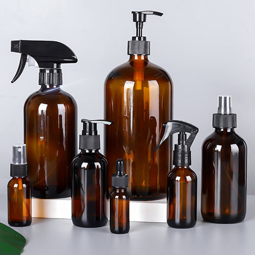 Brown boston glass medical bottle with sprayer pump black screw cap